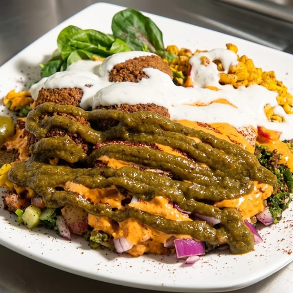 Falafel platter with spinach, corn, red onion, and white, orange, and green sauces.