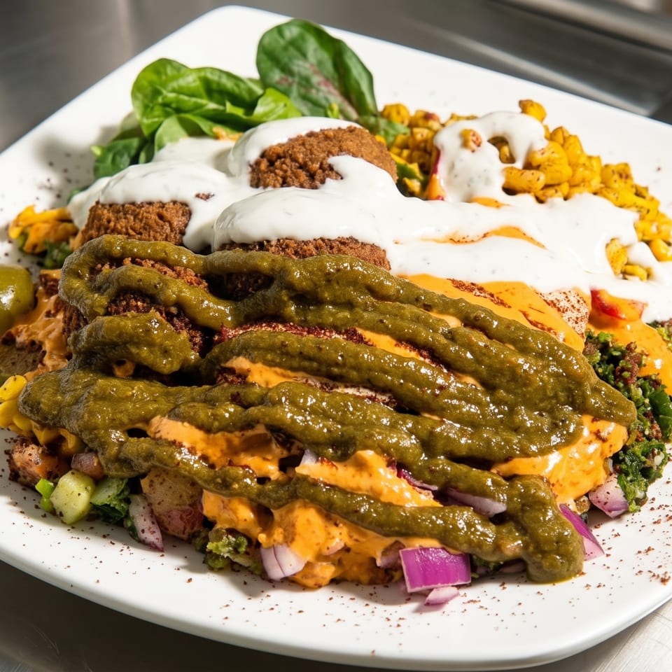 Falafel platter with spinach, corn, red onion, and white, orange, and green sauces.